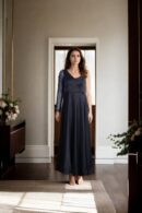 Black One-Shoulder Satin Gown with Side Zip Opening and Net Sleeve - Elegant Evening Wear