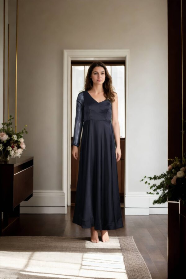 Black One-Shoulder Satin Gown with Side Zip Opening and Net Sleeve - Elegant Evening Wear