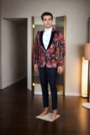 Brown Velvet Blazer with Maroon Flower Print - Perfect for Weddings & Formal Events