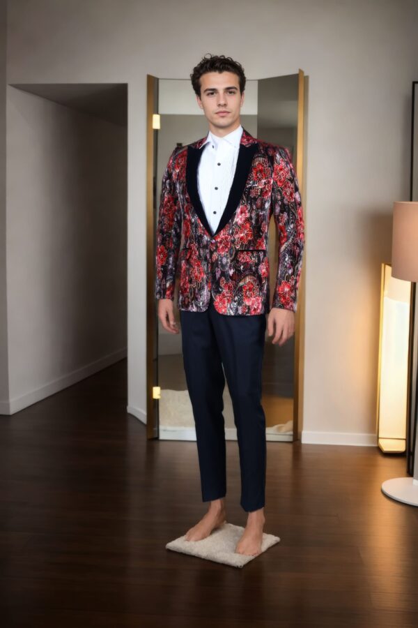 Brown Velvet Blazer with Maroon Flower Print - Perfect for Weddings & Formal Events - Image 2