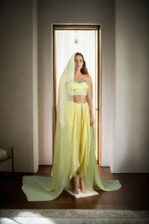 Elegant Light Yellow Raw Silk Indo-Western Draped Saree with Beaded Belt, Spaghetti Strap Blouse & Plain Dupatta - Perfect for Weddings & Special Occasions