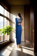 Sophisticated Blue Silk Gaurav Gupta Blouse with Back Zip & Round Neck Design Readymade Drape Saree - Perfect for High-End Events