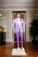 Light Purple Net Suit with Beads & Sequin Work - Silk Satin Peak Lapel Collar, Full Sleeves & A-Line Pants