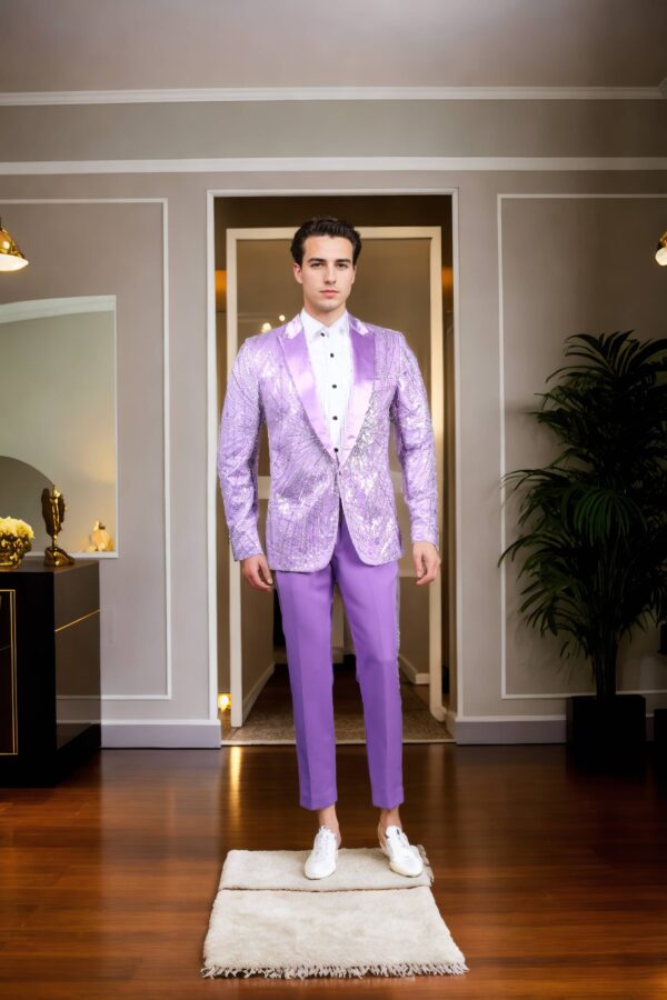 Light Purple Net Suit with Beads & Sequin Work - Silk Satin Peak Lapel Collar, Full Sleeves & A-Line Pants