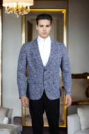 Mens Navy Blue & Off-White Patterned Blazer with Notched Lapel - Smart Casual & Stylish Outerwear