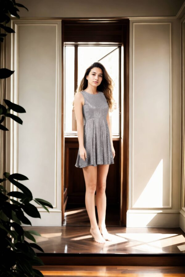 Stylish Grey Georgette Western Gown with Sleeveless Round Neckline, Short Length & White Sequins Work - Perfect for Parties & Evening Events - Image 2