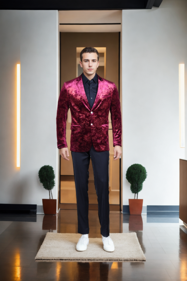 Luxurious Rani Pink Velvet Blazer - Printed Design, Notched Collar & Full Sleeves