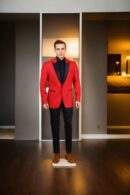 Ravishing Red Suit with Red Coat, Black Satin Lapel Collar, and Black Pants - Perfect for Formal Events & Weddings