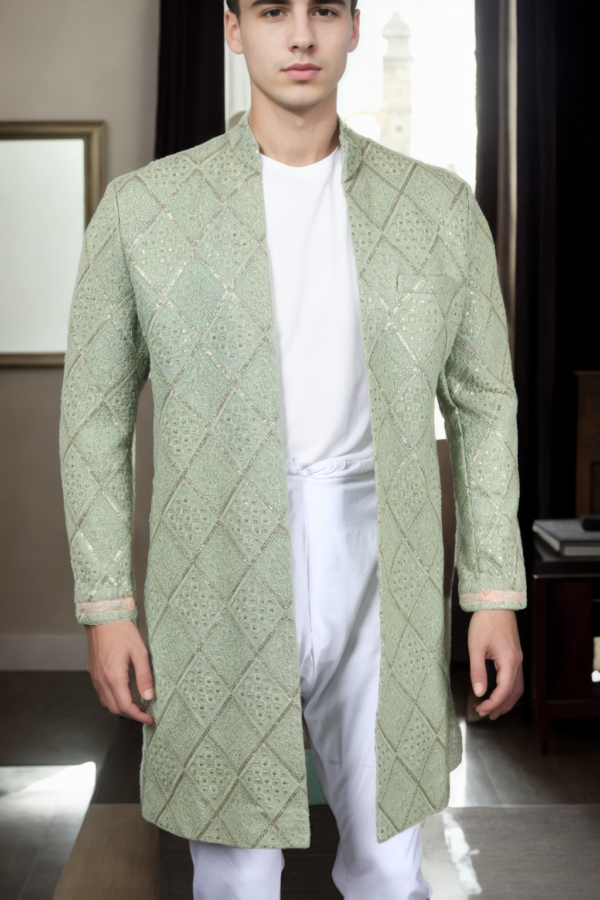 Mint Green Georgette Chikankari Jacket Delicate Hand-Embroidery & Elegant Style - Image 3
