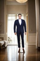 Ink Blue Suit in Suiting Fabric with Double Pocket and Bow Tie - Perfect for Weddings & Formal Events