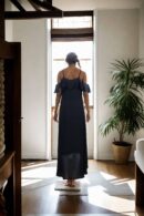 Black Georgette Strap Shoulder Ruffle Dress with V-Neckline & Stone Bead & Sequin Details - Elegant Evening Wear