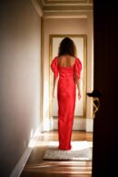 Red Wrap Gown with Scoop Neck, Back Opening, and Adjustable Sleeves - Elegant Evening Wear