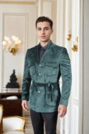 Dark Green Velvet Blazer with Semi-Padded Shoulders & Notch Lapels - Luxe Evening & Formal Wear