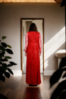 Elegant Red Net Gown with Sleeveless Blouse & Sequin Jacket Perfect for Parties Celebrations