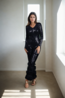 Black Sequin and Feather Detail Jumpsuit with V-Neckline - Glamorous Evening Wear for Special Events