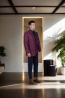Maroon Twill Weave Slim-Fit Casual Blazer with Black Leaf Motif Design - Shawl Collar, Single-Button Closure & Double Vent