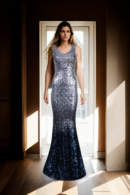 White and Navy Blue Sequin Mesh Gown - Elegant Evening Wear for Special Occasions