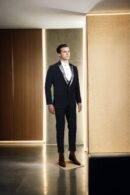 Black Suiting Slim-Fit Formal Suit - Notched Lapel Collar with White Abstract Design, Double-Button Closure & Double-Vented Back Hem