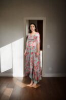Elegant Celadon Green Georgette Indo-Western Set with Floral Print Crop Top, Sequin Lace Jacket & Dhoti Pants