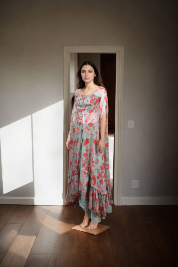 Elegant Celadon Green Georgette Indo-Western Set with Floral Print Crop Top, Sequin Lace Jacket & Dhoti Pants - Image 2