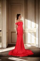 Luxurious Red Silk Plain Western Trail Gown with Off-Shoulder Design & Long Flowing Skirt - Perfect for Elegant Evenings & Special Occasions