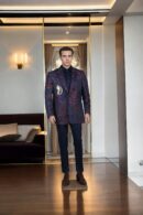 Red & Blue Floral Self-Woven Silk Blend Slim-Fit Blazer with Gold Patchwork Design - Notched Lapel & Double-Button Closure