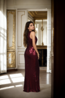 Burgundy Sleeveless V-Neck Full Sequin Dress with Thigh-High Split - Glamorous Evening Wear for Special Events
