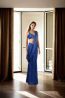Glamorous Navy Blue Full Sequin Readymade Drape Saree with Sweetheart Neckline Blouse - Perfect for Weddings & Evening Events