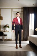 Jersey Black Suit with Notch Lapel Collar, 2 Pockets, and Hot Pink Luxury Taffeta Detailing - Modern Statement Wear