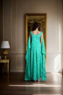 Caribbean Green Feathered Western Gown with V-Neckline and Full Long Designer Sleeves - Elegant Evening Wear