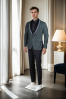 Stylish Dark Green Suiting Blazer - Black & Blue Lining with Satin Shawl Collar
