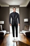 Luxurious Black Velvet Suit Set with Self-Embroidery & Sequin Design, Shawl Collar, Front Open Waistcoat & Formal Velvet Pants - Perfect for Elegant & Formal Occasions