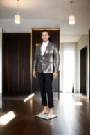 Greyish Black & Golden Shimmer Solid Silk Blazer with Notch Collar & Full Sleeves - Sophisticated Party Wear for Men