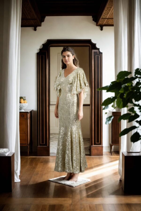 Golden Sequin V-Neck Mermaid Bodycon Dress with Flutter Sleeves - Glamorous Evening Wear - Image 2