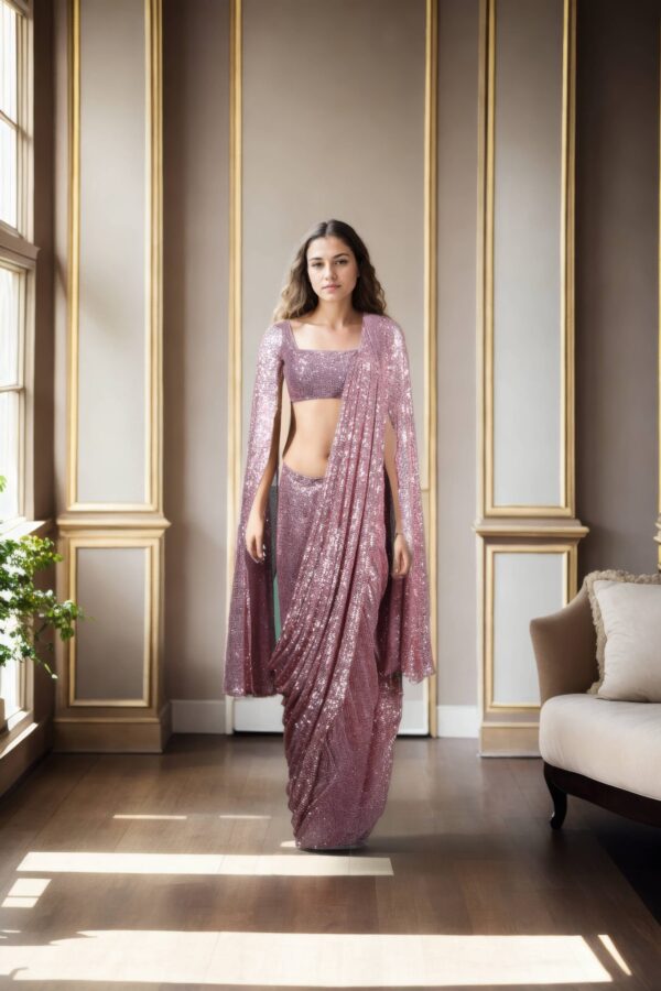 Elegant Pink Sequin Work Readymade Drape Saree with Sleeveless Princess-Cut Blouse & Detachable Sleeves - Perfect for Glamorous Events
