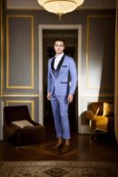 Sophisticated Satin Black Shawl Collar Blue Suit Set - Perfect for Weddings &- Formal Events