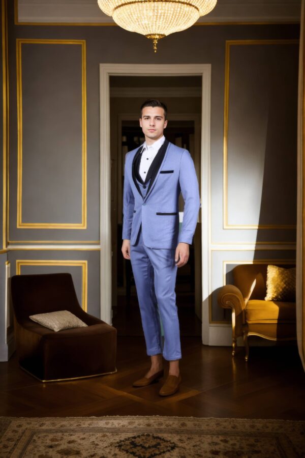 Sophisticated Satin Black Shawl Collar Blue Suit Set - Perfect for Weddings &- Formal Events - Image 2