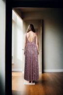 Pink Net Western Gown with Sequin, Beads & Mirror Work, Spaghetti Straps, Sleeveless, Round Neck & Princess Cut Design