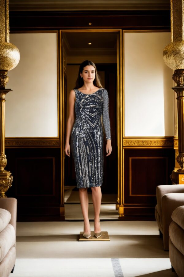 Cream Net Western Gown with Embroidery & Sequin Design, One-Sleeve & Full Sleeve, Cowl Back Neckline - Elegant Evening Wear