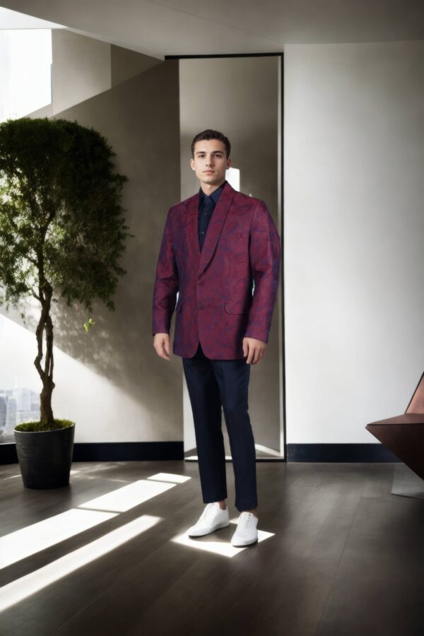 Maroon Twill Weave Slim-Fit Casual Blazer with Black Leaf Motif Design - Shawl Collar, Single-Button Closure & Double Vent - Image 4