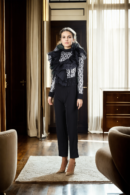 Elegant Black Net Top with Ruffle Front Design - Full Sleeves & Formal Straight Pants
