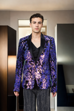 Luxurious Blue-Pink Shimmer Velvet Blazer with Sequin Work Design, Notched Lapel & Full Sleeves - Perfect for Elegant & Glamorous Events