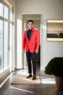 Ravishing Red Suit with Red Coat, Black Satin Lapel Collar, and Black Pants - Perfect for Formal Events & Weddings