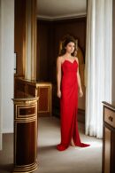Red Velvet Strap Gown with Overlapped Sweetheart Neckline and Front Side Slit - Elegant Evening Wear