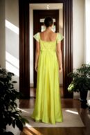 Yellow Silk Long Gown with Self-Thread Embroidery, White Sequin & Beadwork - Sweetheart Neckline & Off-Shoulder Net Sleeves