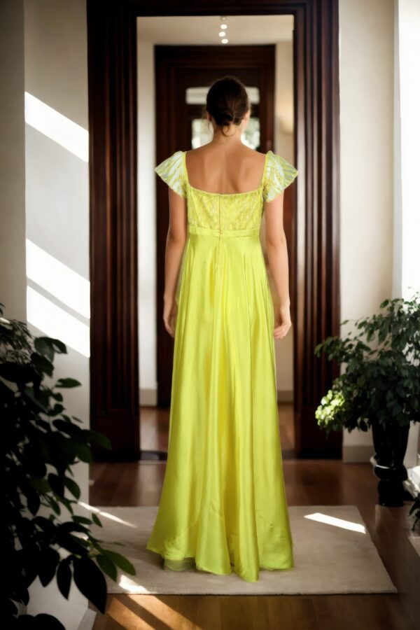 Yellow Silk Long Gown with Self-Thread Embroidery, White Sequin & Beadwork - Sweetheart Neckline & Off-Shoulder Net Sleeves - Image 5