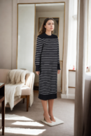 Stylish Black Knitted Top - Straight Fit with Round Neckline, Full Sleeves & White Horizontal Line Design