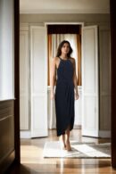 Black Lurex A-Line Halter Neck Sleeveless Dress with Front Slit - Elegant Evening Wear