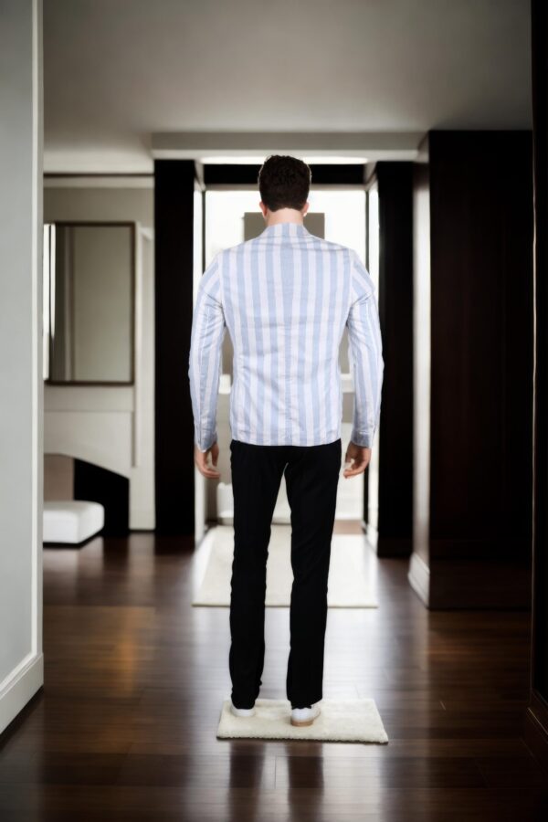 White Cotton Striped Slim-Fit Blazer with Notch Lapel Collar, Long Sleeves, and Blue Horizontal Line Welt Pocket Design - Image 3
