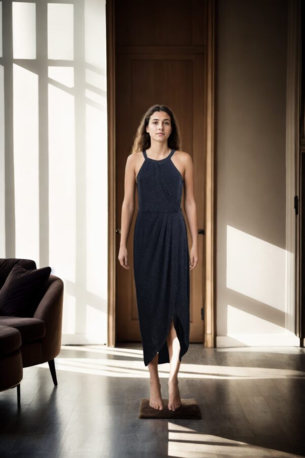Black Lurex A-Line Halter Neck Sleeveless Dress with Front Slit - Elegant Evening Wear